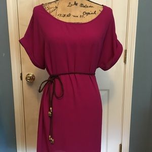 Fuchsia Dress with brown rope tied belt